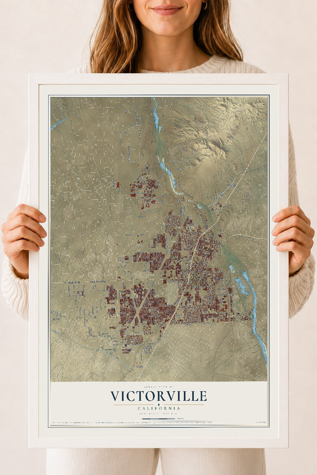 Map of Victorville, California, 18 x 24 inch print in a white wood frame
