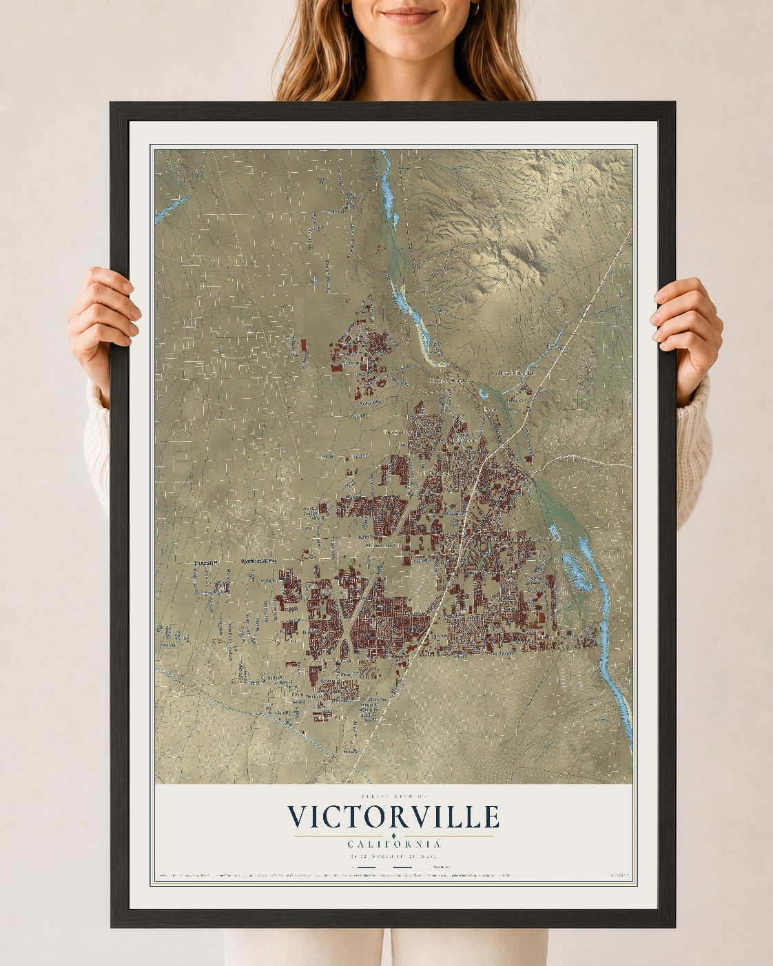 Map of Victorville, California, 24 x 36 inch print in a black wood frame