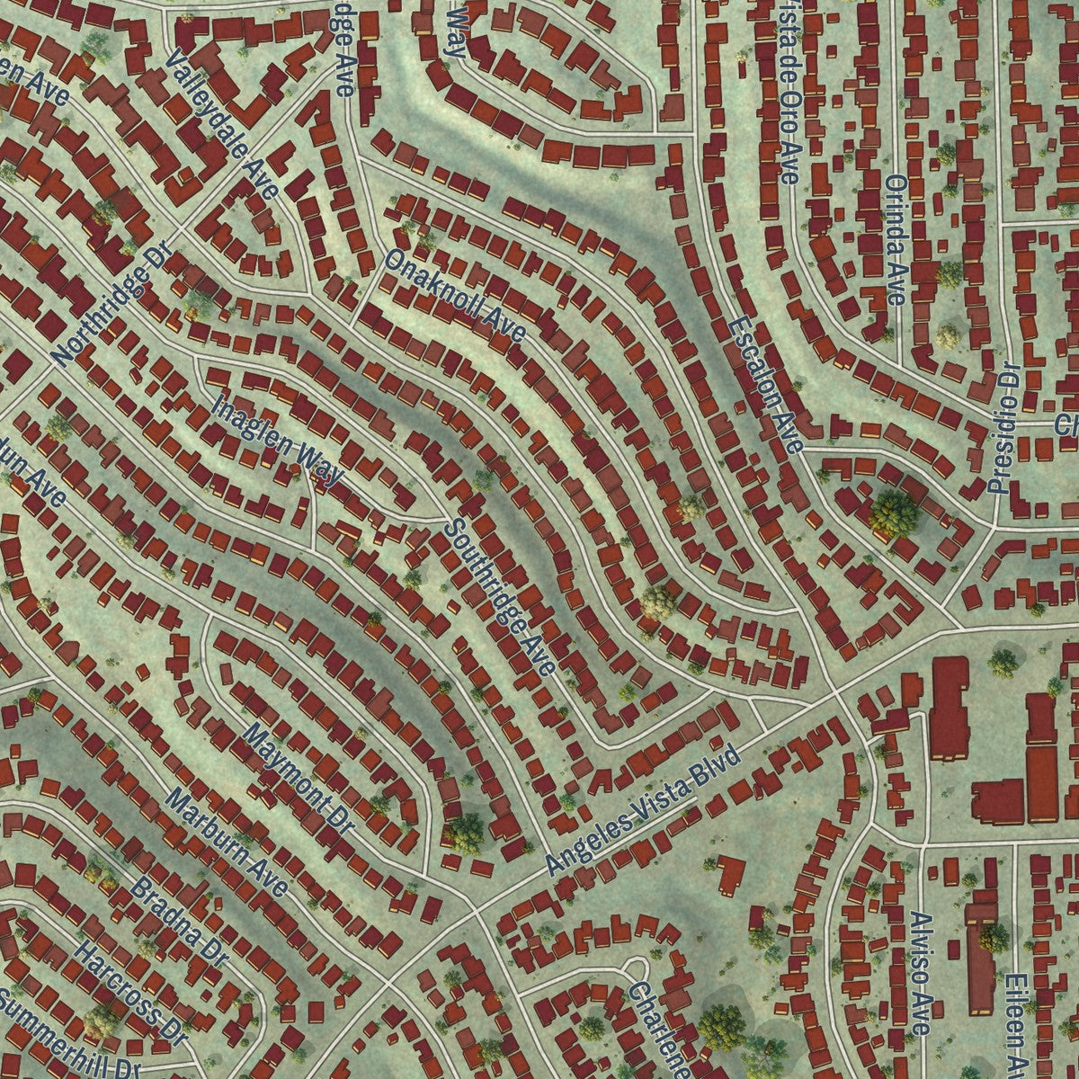 Close-up of the map of View Park-Windsor Hills, California print showing street and building detail