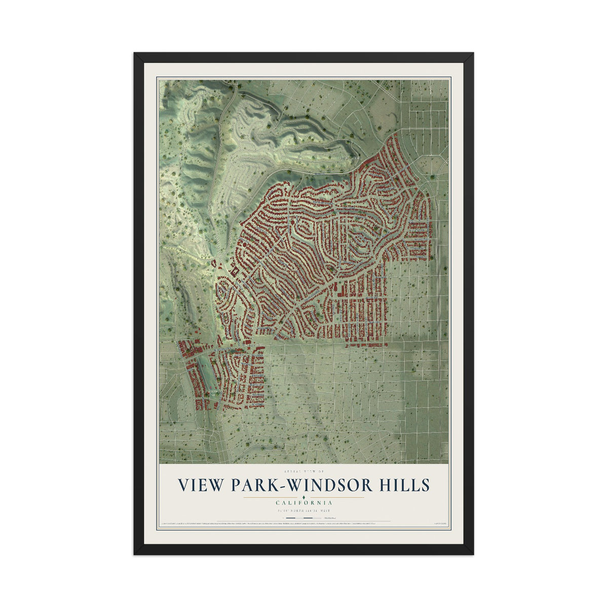 Map of View Park-Windsor Hills, California, 12 x 18 inch print in a black wood frame