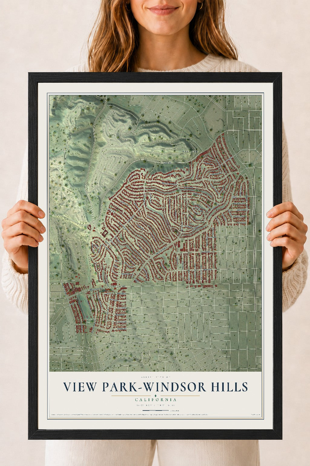 Map of View Park-Windsor Hills, California, 18 x 24 inch print in a black wood frame