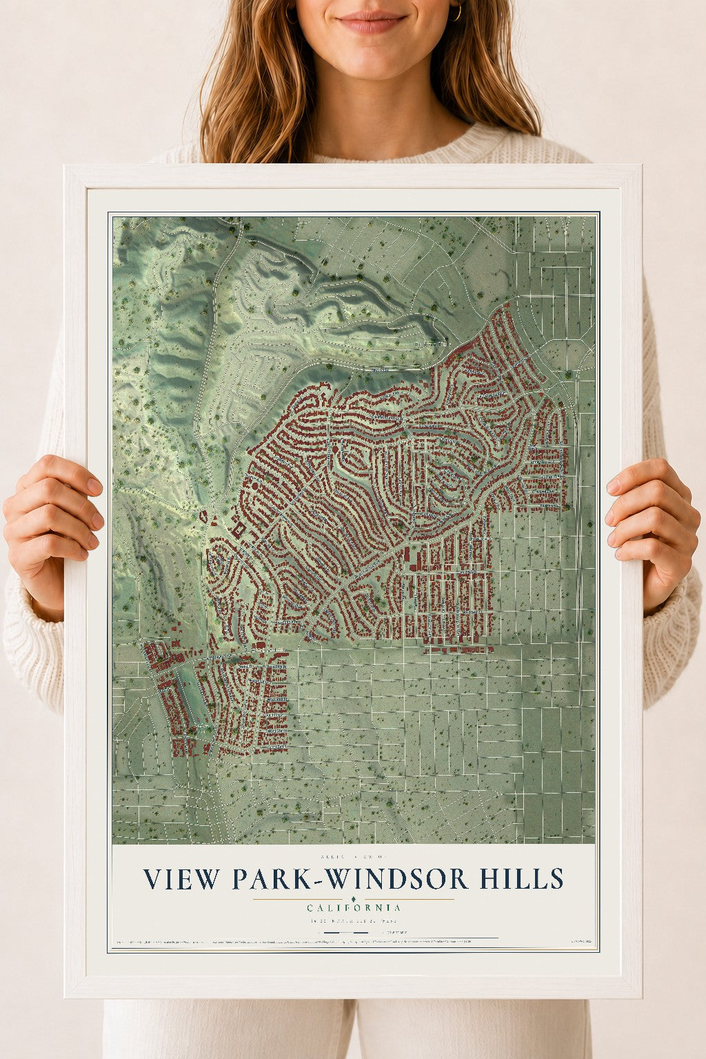 Map of View Park-Windsor Hills, California, 18 x 24 inch print in a white wood frame