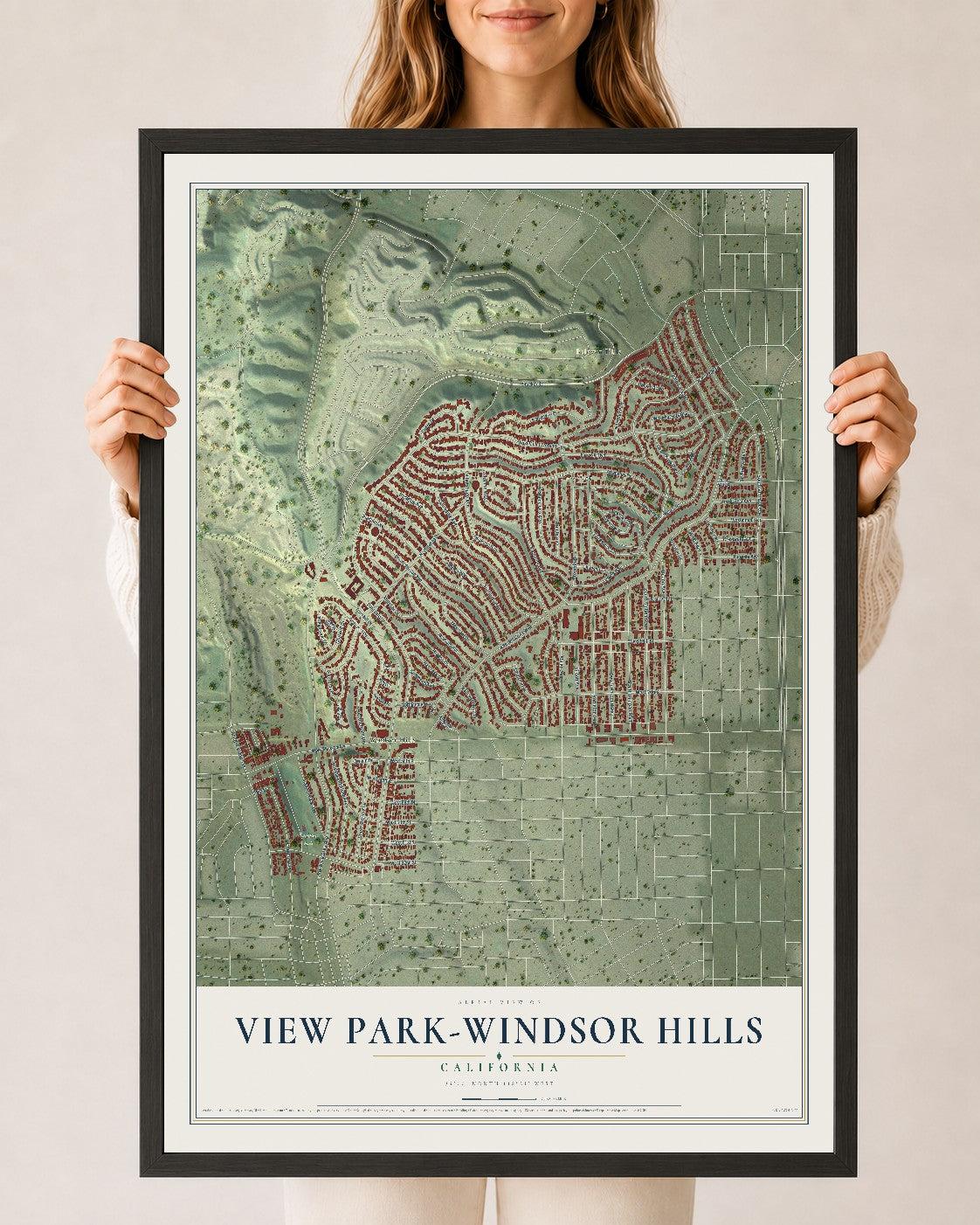 Map of View Park-Windsor Hills, California, 24 x 36 inch print in a black wood frame