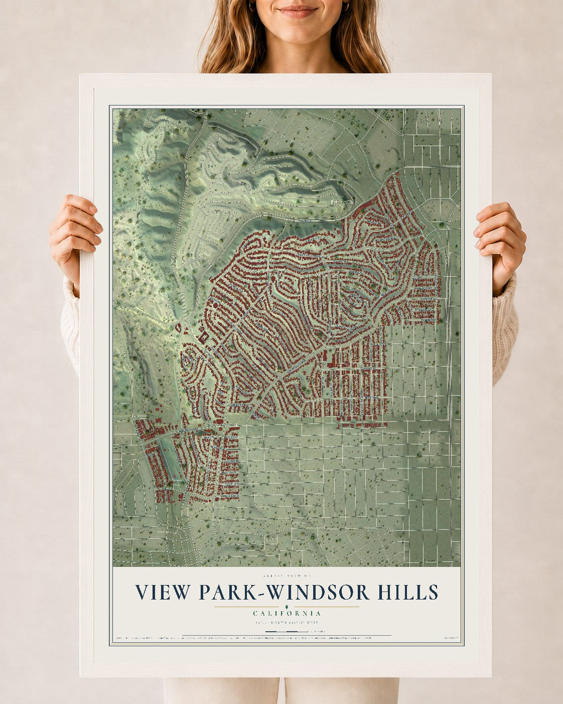 Map of View Park-Windsor Hills, California, 24 x 36 inch print in a white wood frame