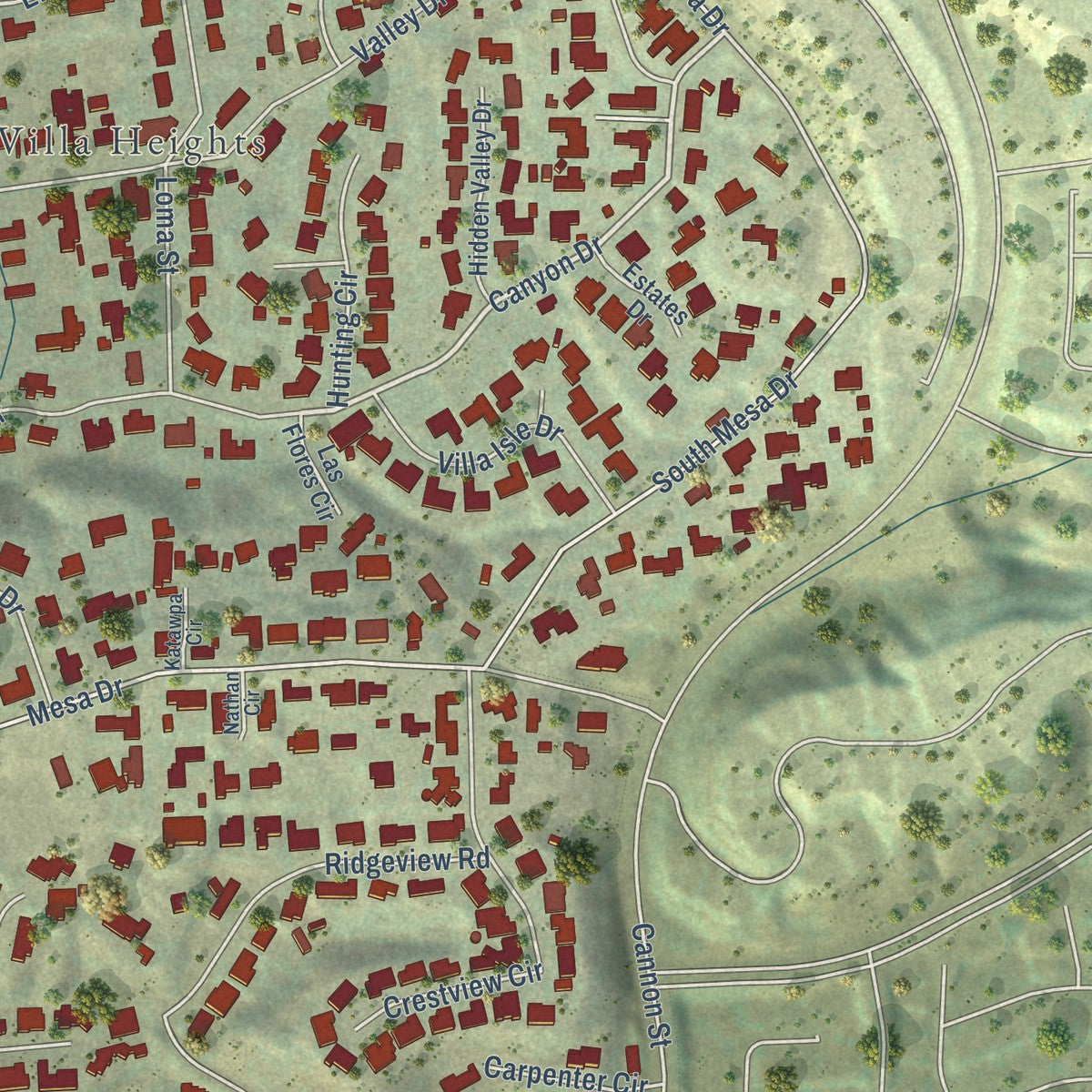 Second close-up of the map of Villa Park, California print showing more streets and buildings