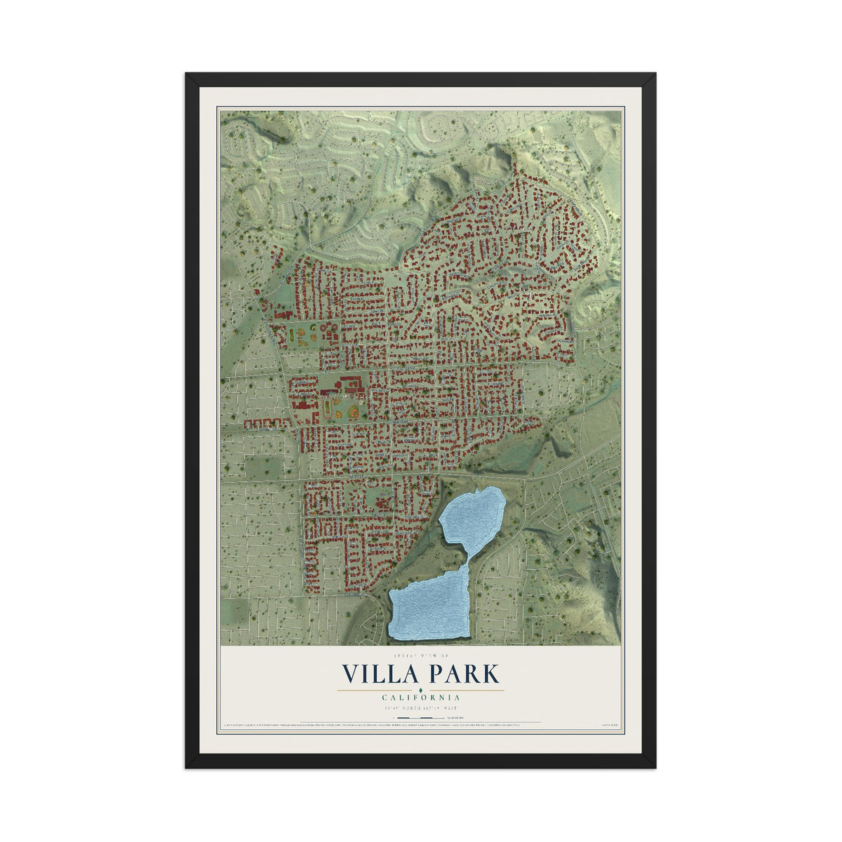 Map of Villa Park, California, 12 x 18 inch print in a black wood frame