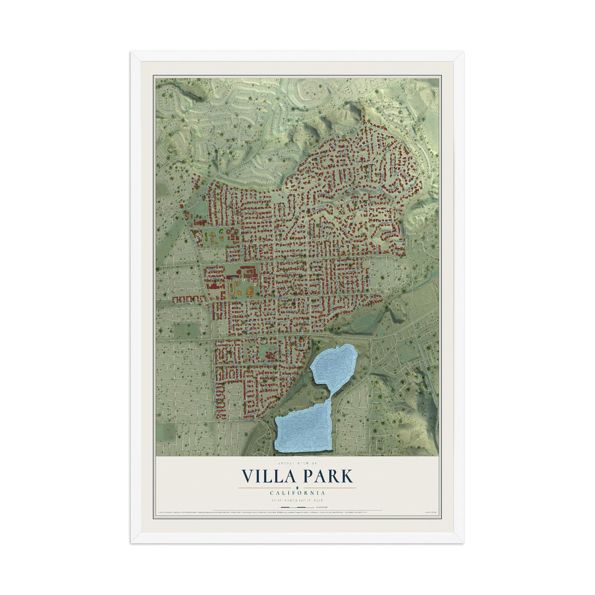 Map of Villa Park, California, 12 x 18 inch print in a white wood frame