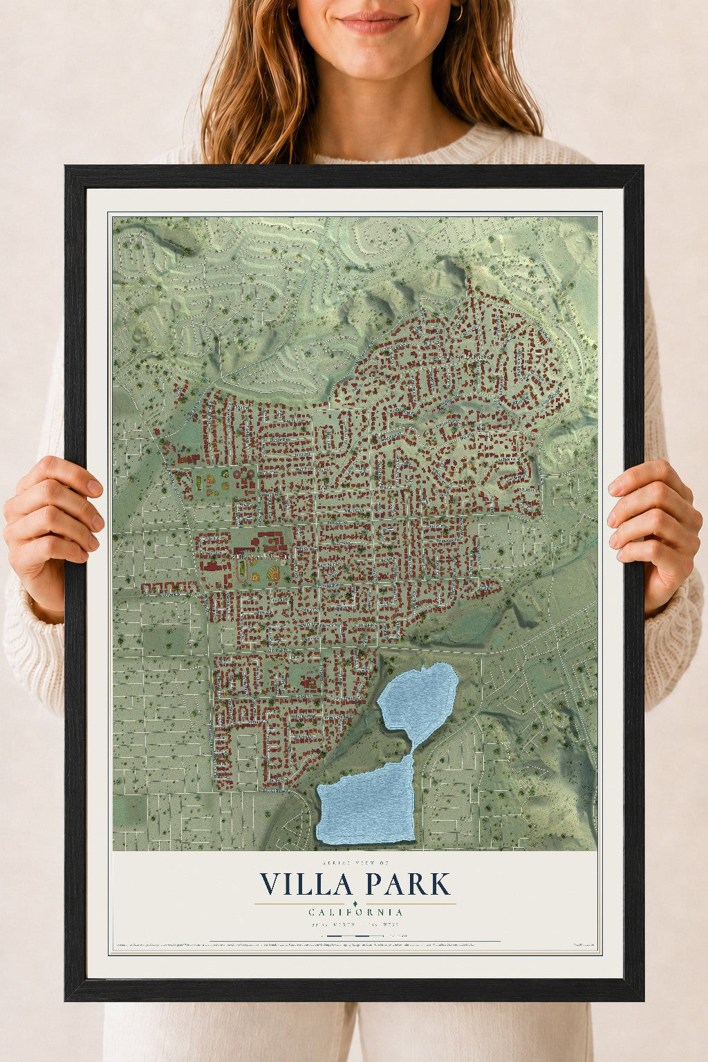 Map of Villa Park, California, 18 x 24 inch print in a black wood frame