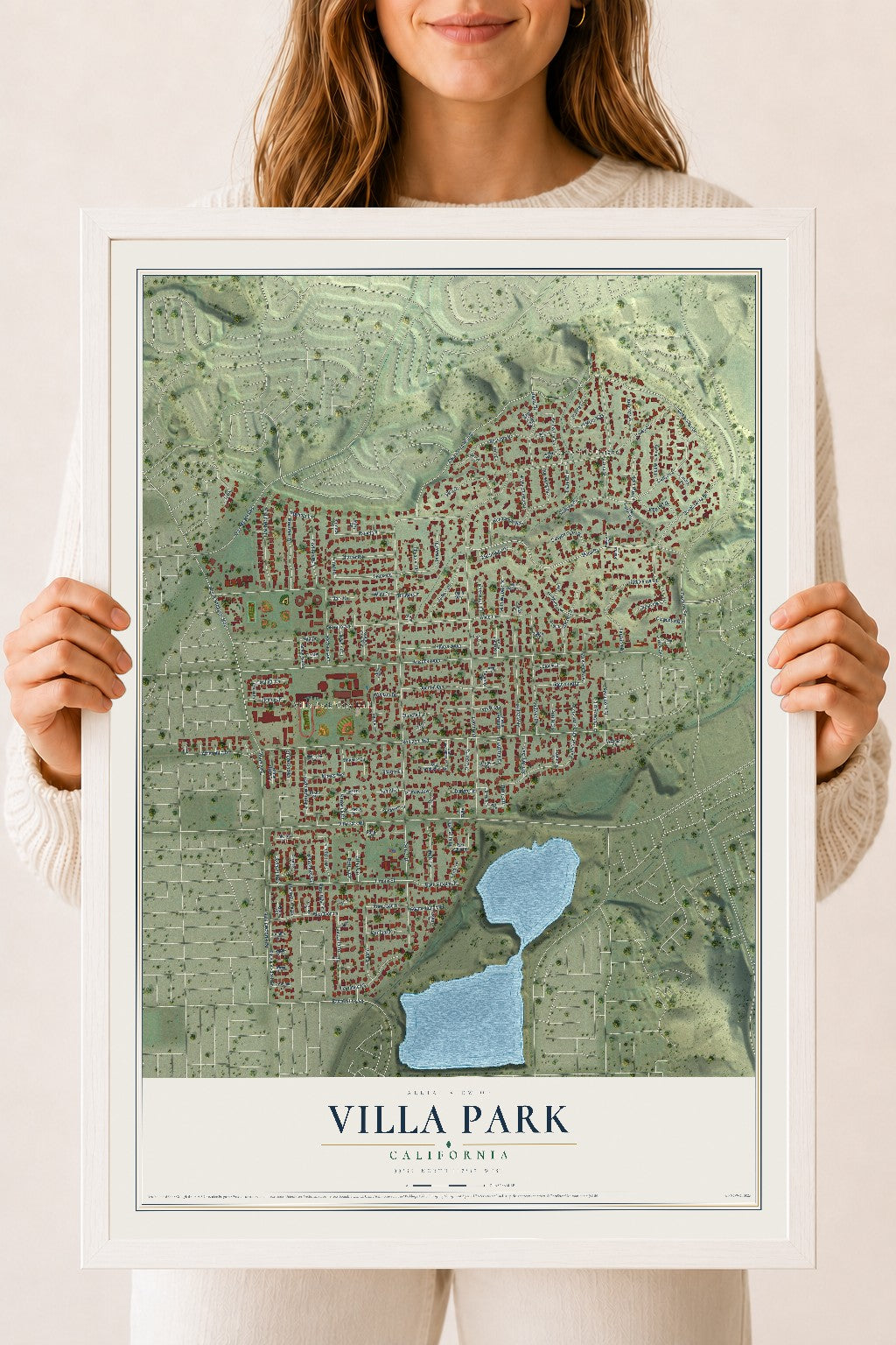 Map of Villa Park, California, 18 x 24 inch print in a white wood frame