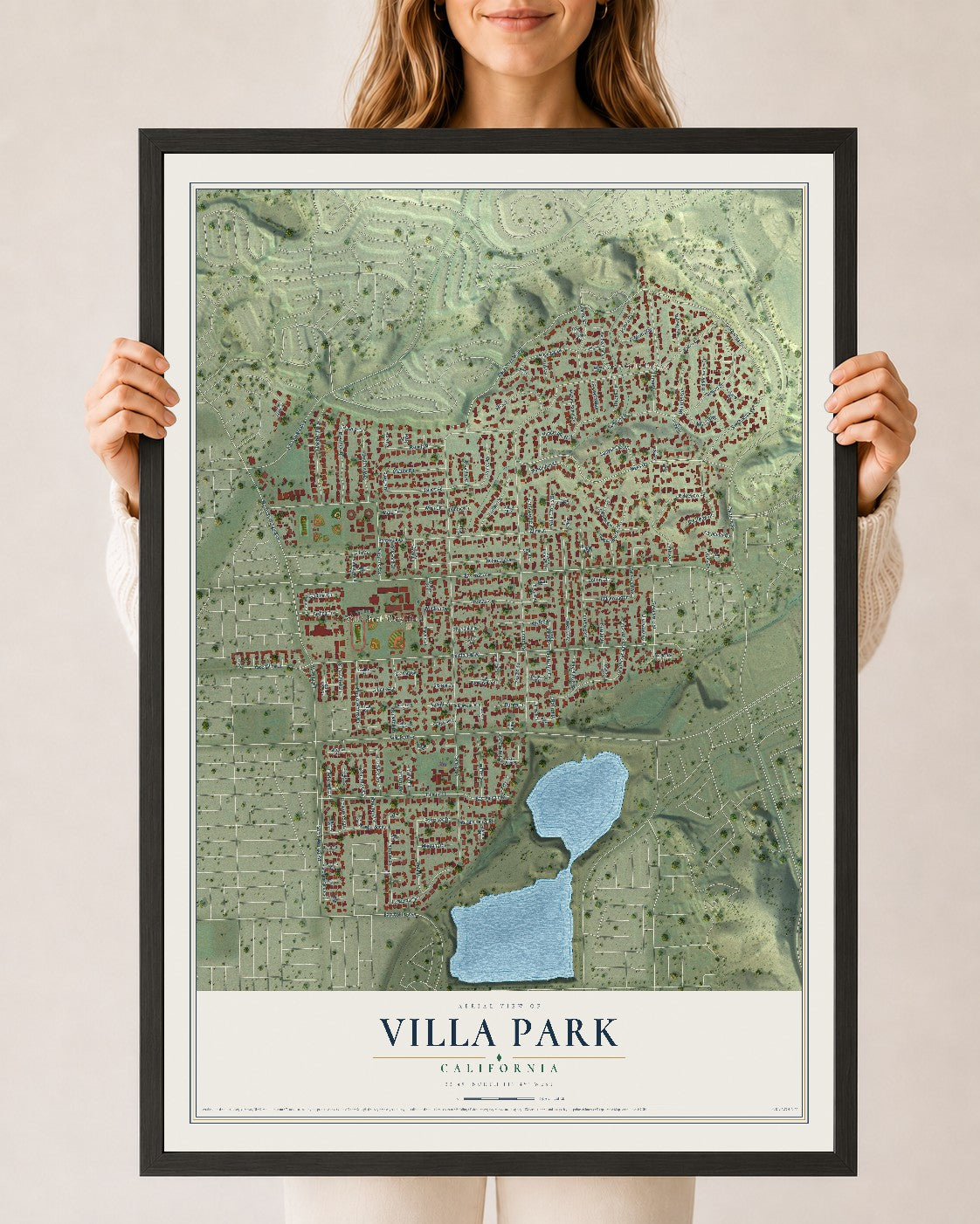 Map of Villa Park, California, 24 x 36 inch print in a black wood frame