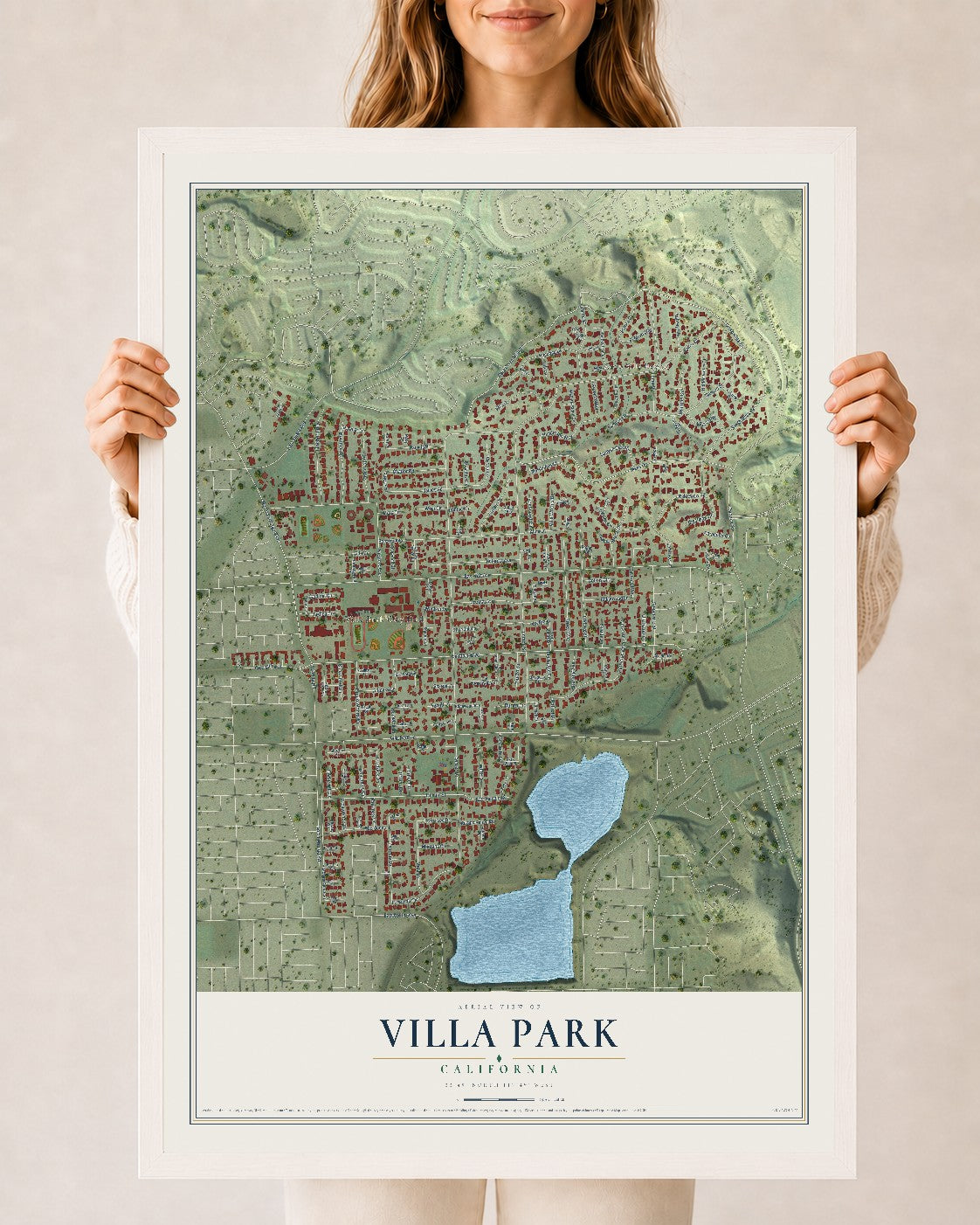 Map of Villa Park, California, 24 x 36 inch print in a white wood frame