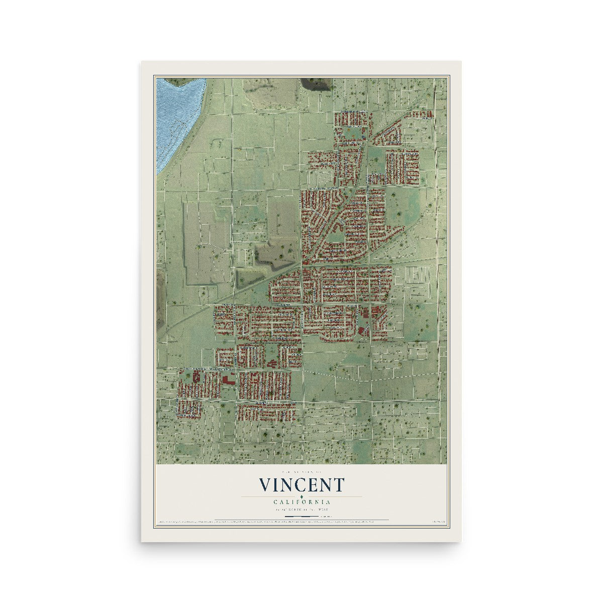 Map of Vincent, California, 12 x 18 inch unframed archival matte print