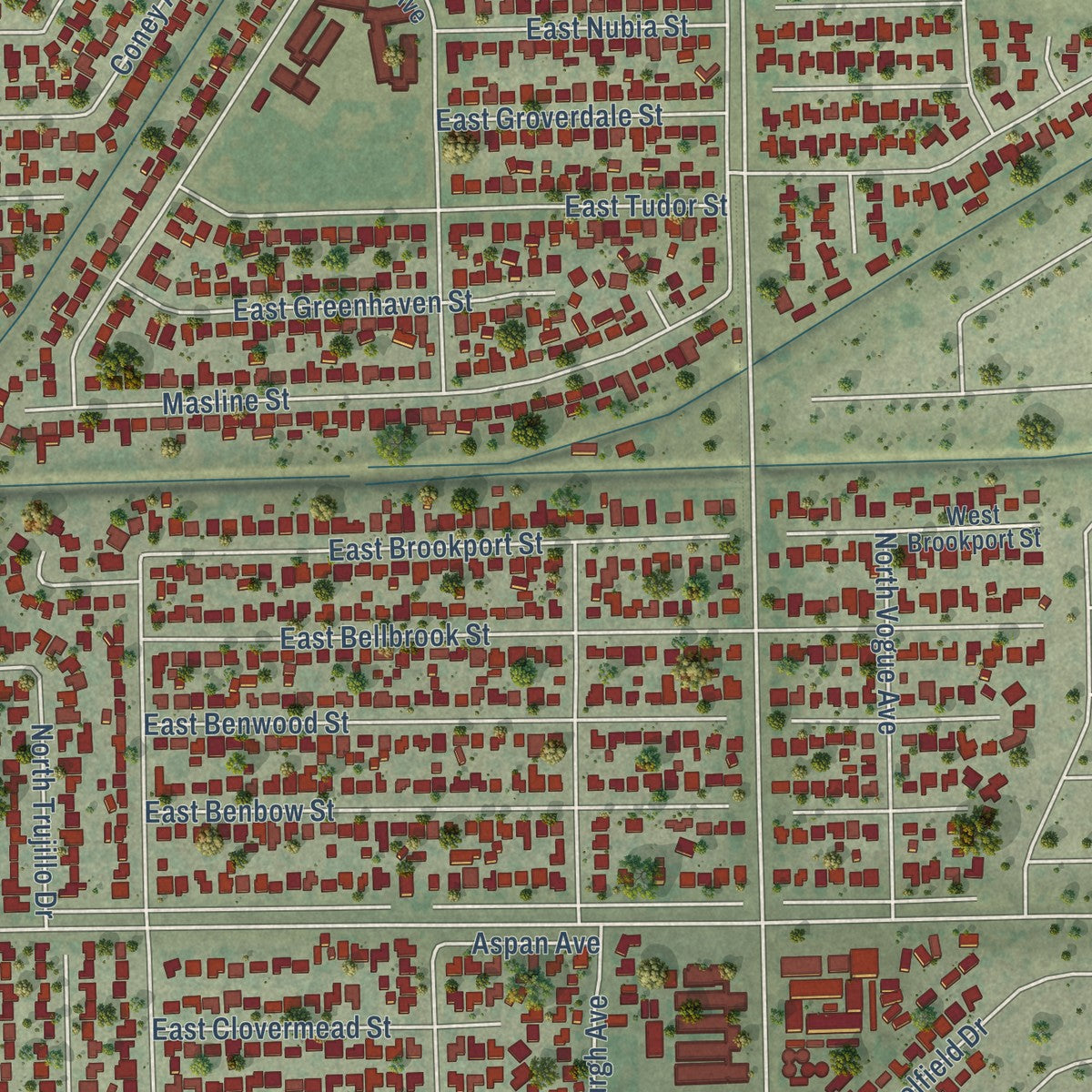 Close-up of the map of Vincent, California print showing street and building detail