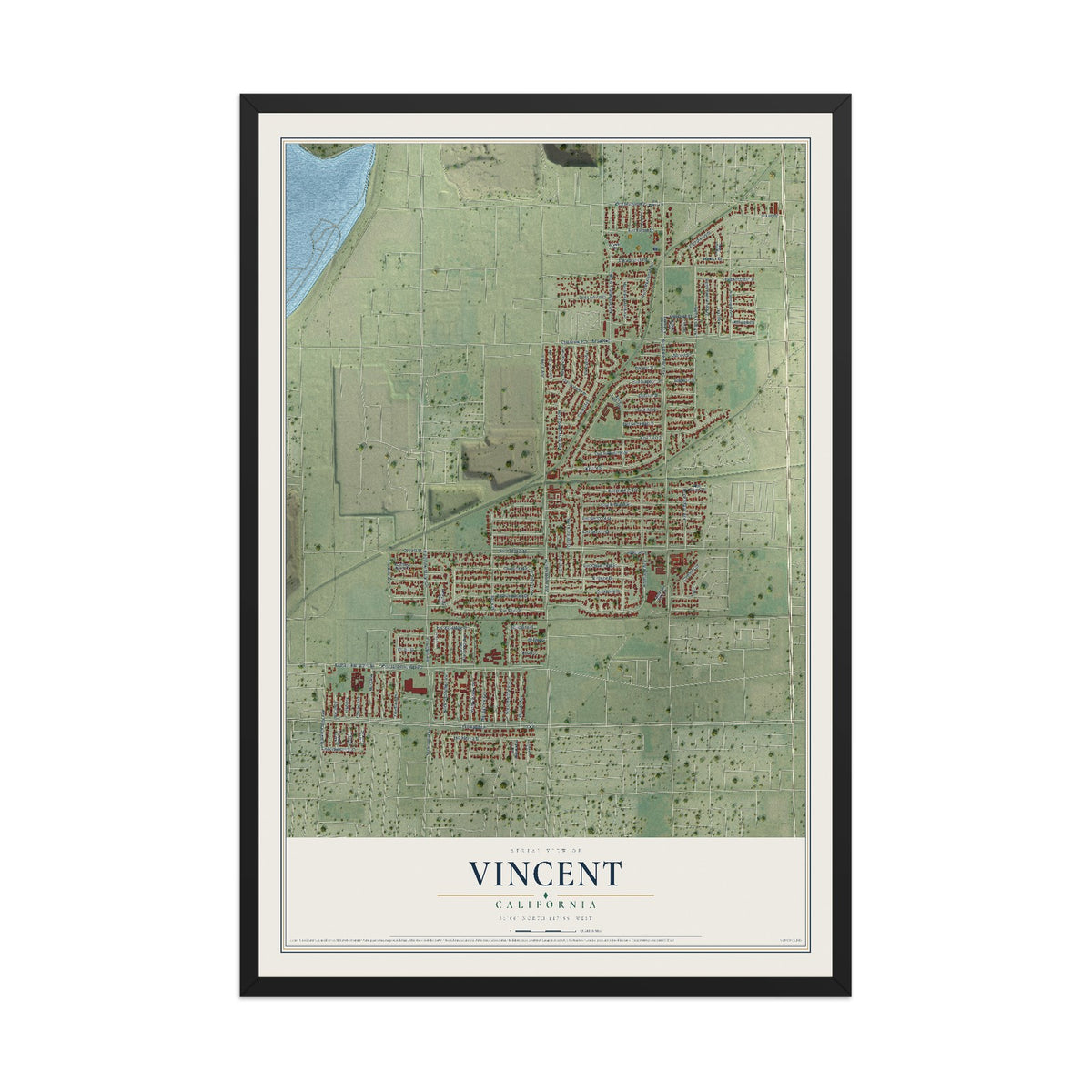 Map of Vincent, California, 12 x 18 inch print in a black wood frame