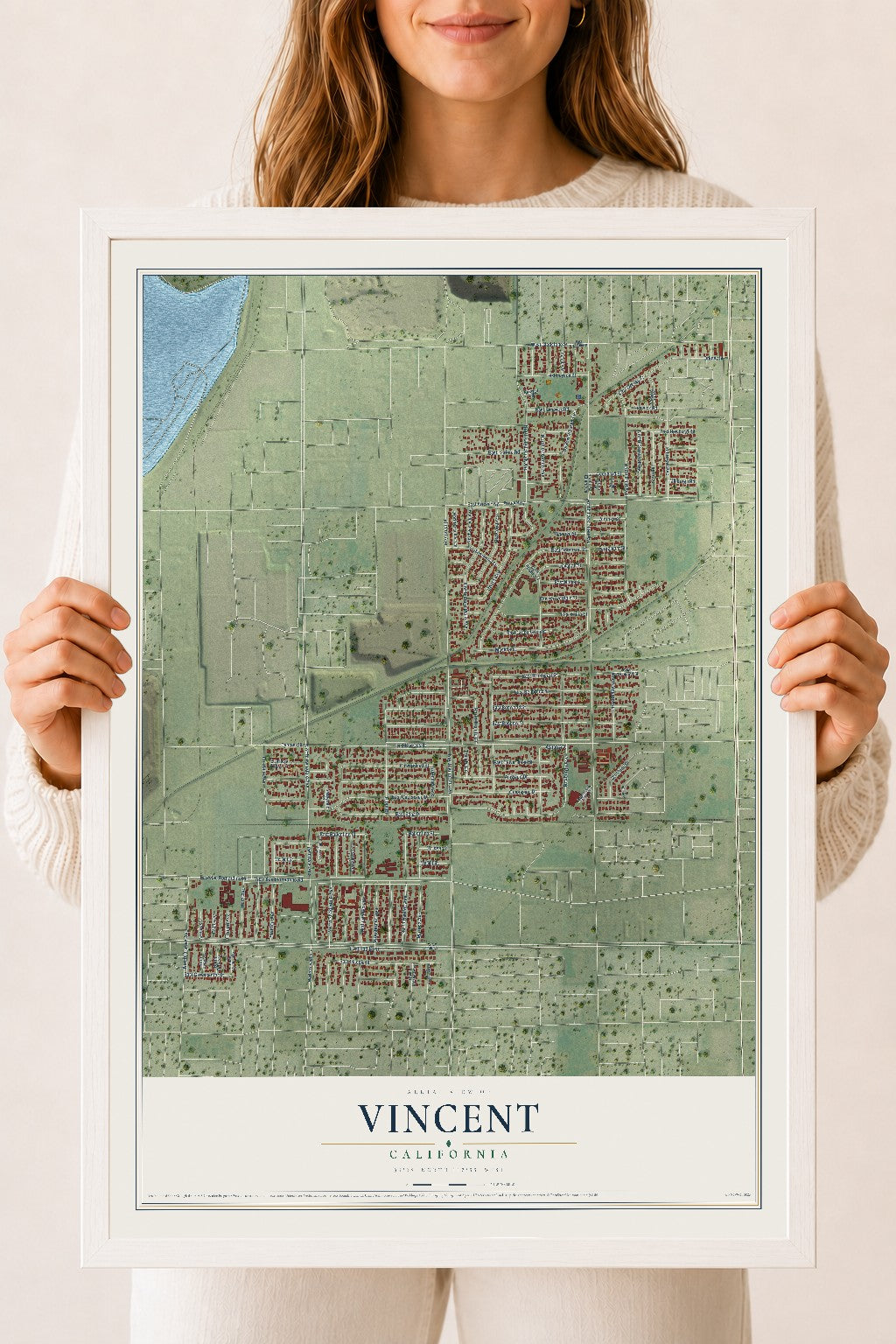 Map of Vincent, California, 18 x 24 inch print in a white wood frame