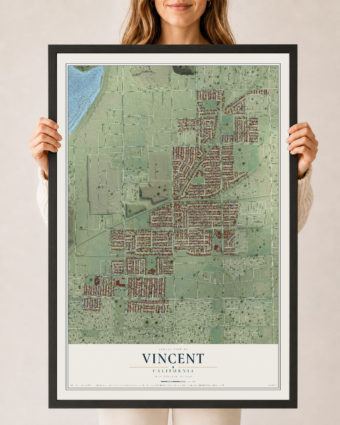 Map of Vincent, California, 24 x 36 inch print in a black wood frame