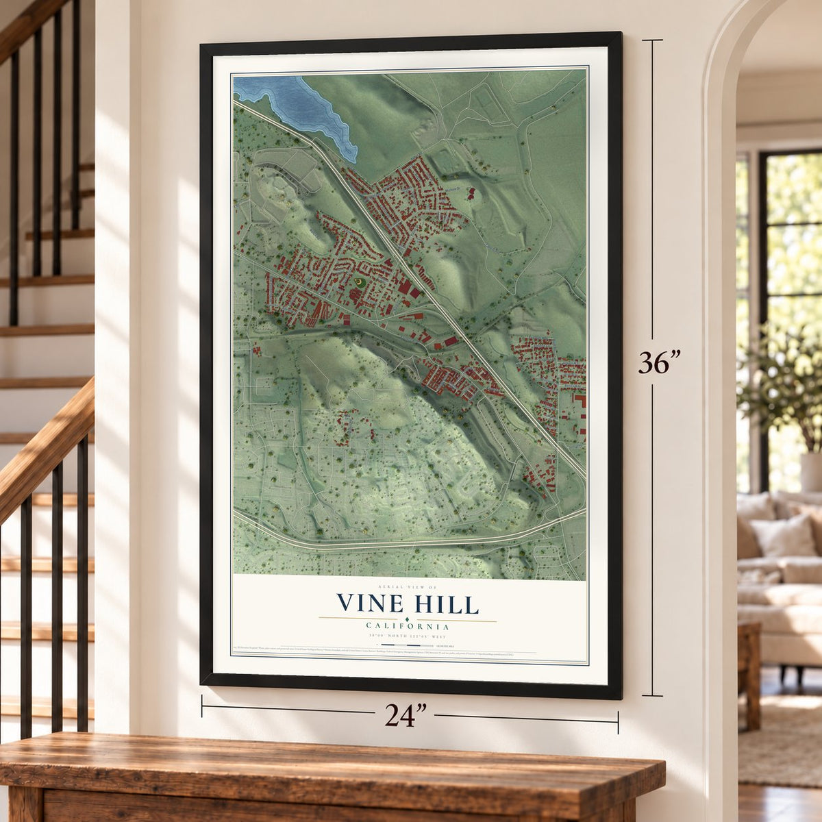 Vine Hill, California map, 24 x 36 inch print in a black frame by a staircase
