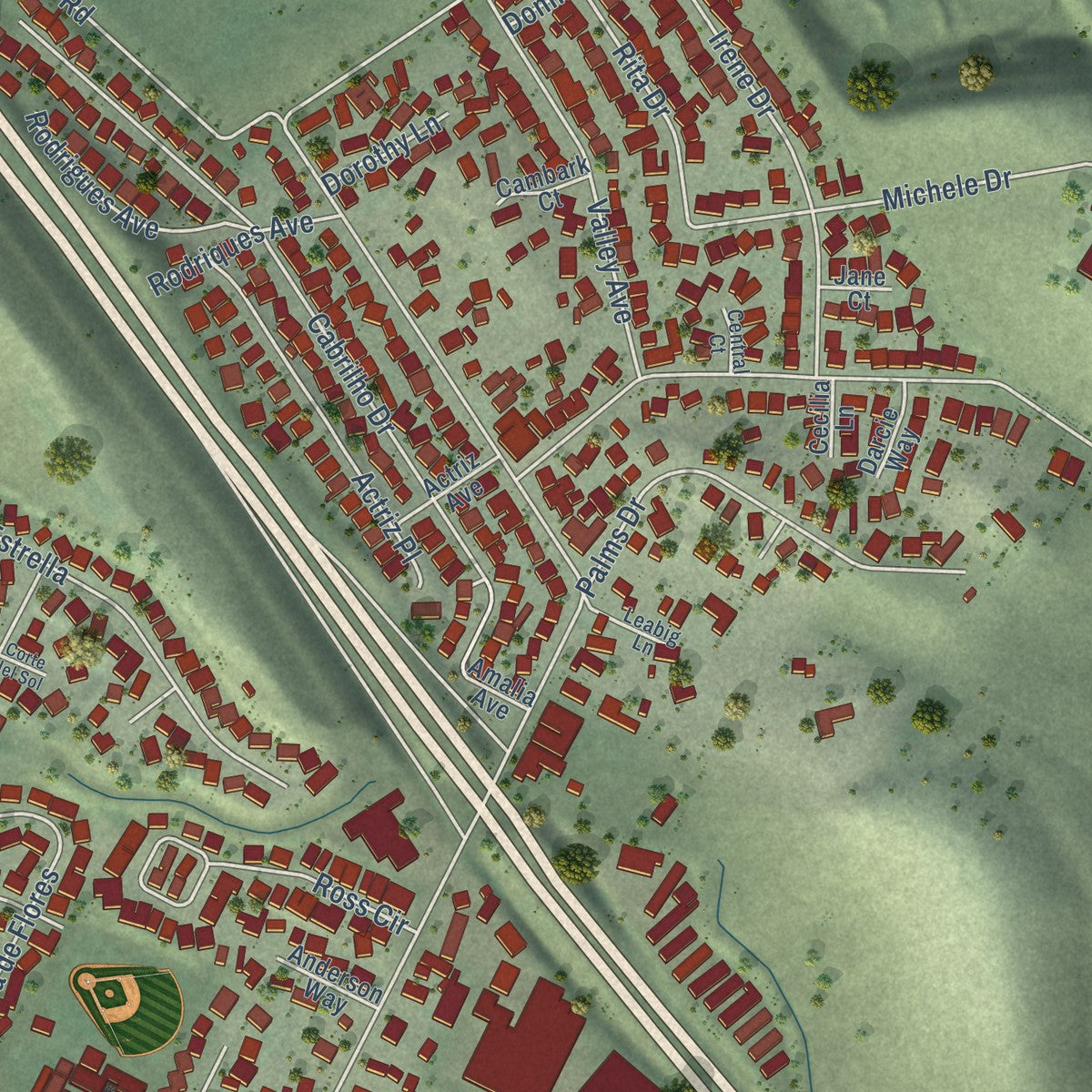 Close-up of the map of Vine Hill, California print showing street and building detail