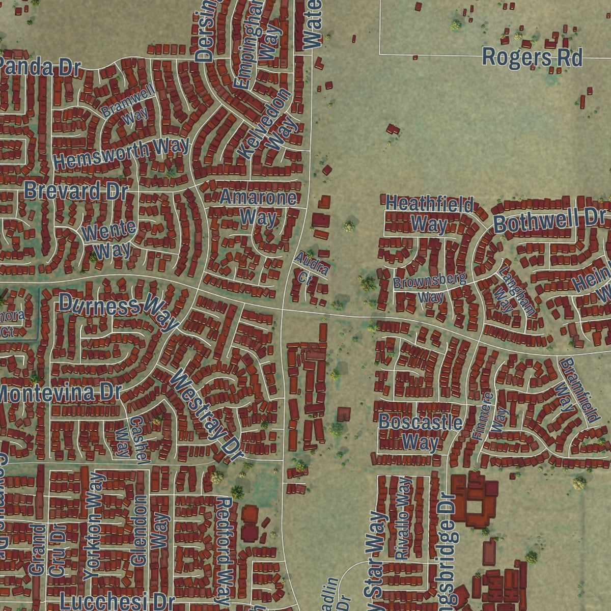 Close-up of the map of Vineyard, California print showing street and building detail