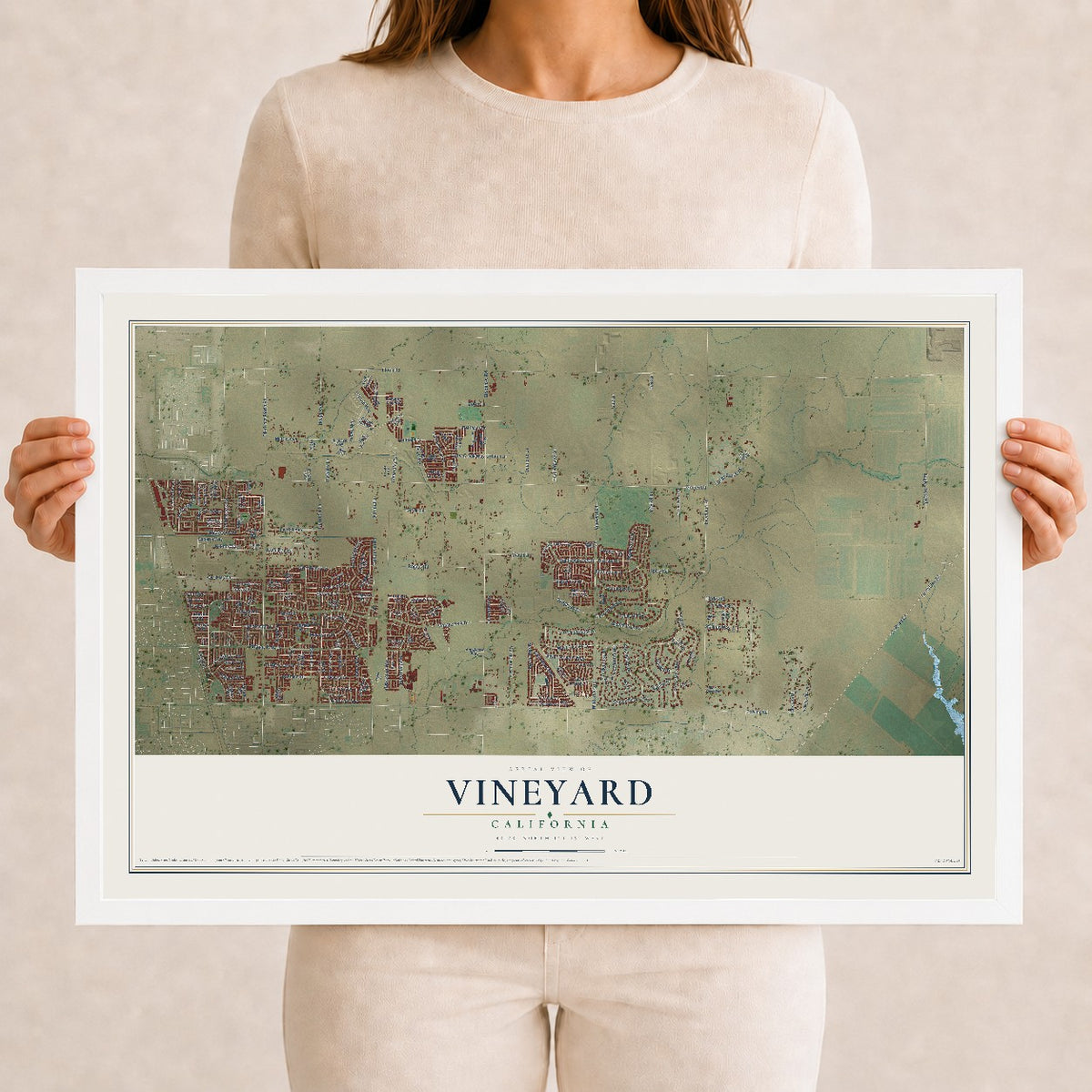 Map of Vineyard, California, 12 x 18 inch print in a white wood frame