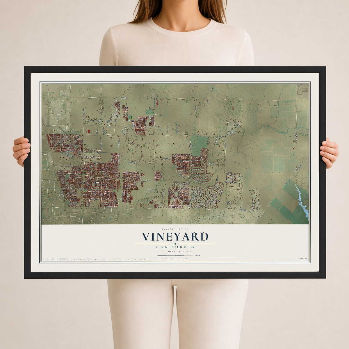 Map of Vineyard, California, 24 x 36 inch print in a black wood frame
