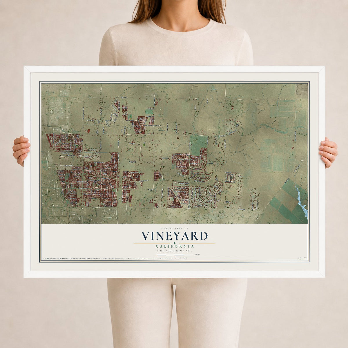 Map of Vineyard, California, 24 x 36 inch print in a white wood frame
