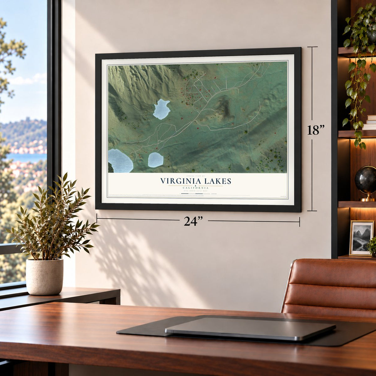 Virginia Lakes, California map, 18 x 24 inch print in a black frame in a home office