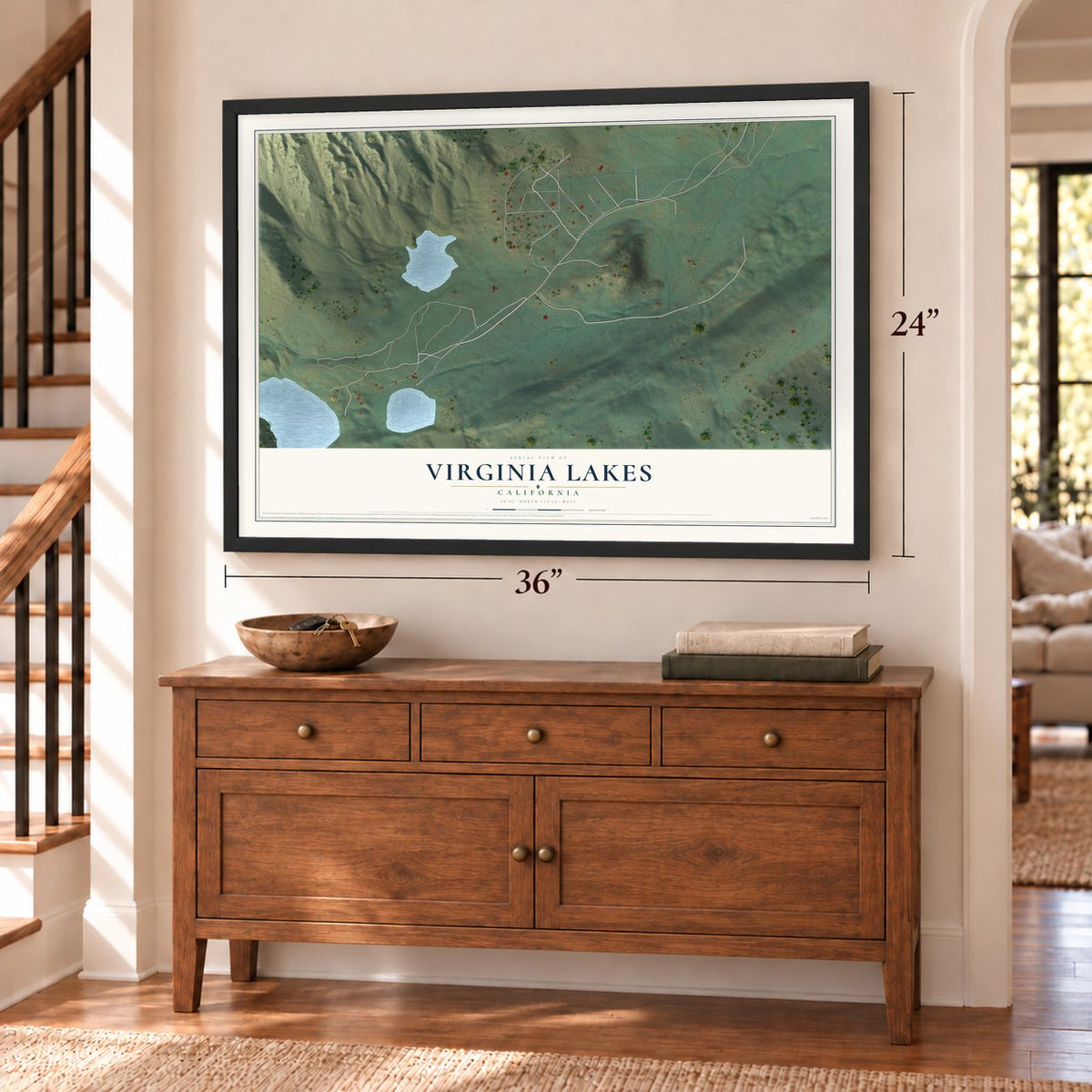 Virginia Lakes, California map, 24 x 36 inch print in a black frame above a dresser by a staircase