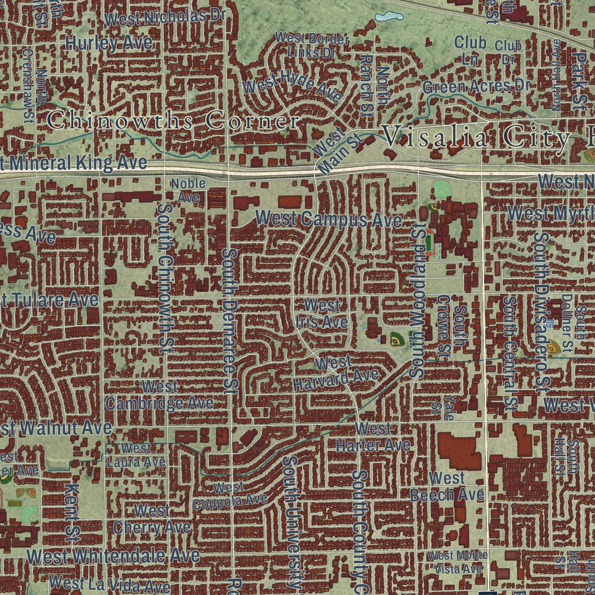 Close-up of the map of Visalia, California print showing street and building detail