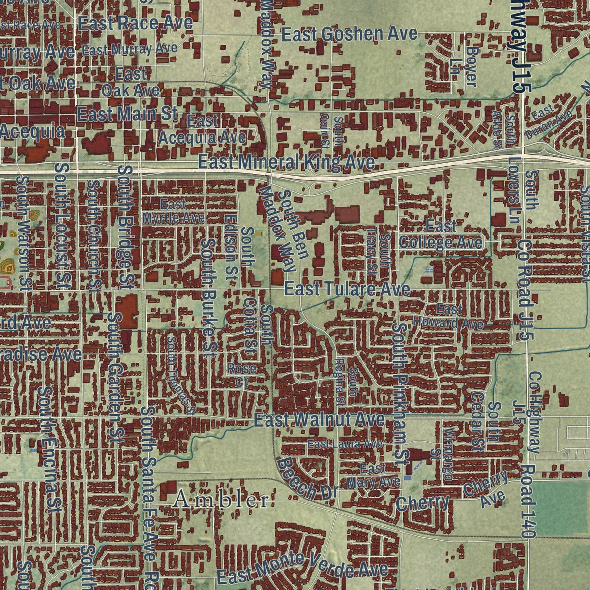 Second close-up of the map of Visalia, California print showing more streets and buildings