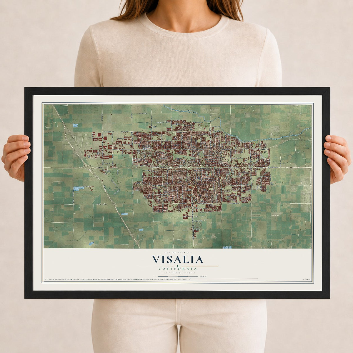 Map of Visalia, California, 12 x 18 inch print in a black wood frame
