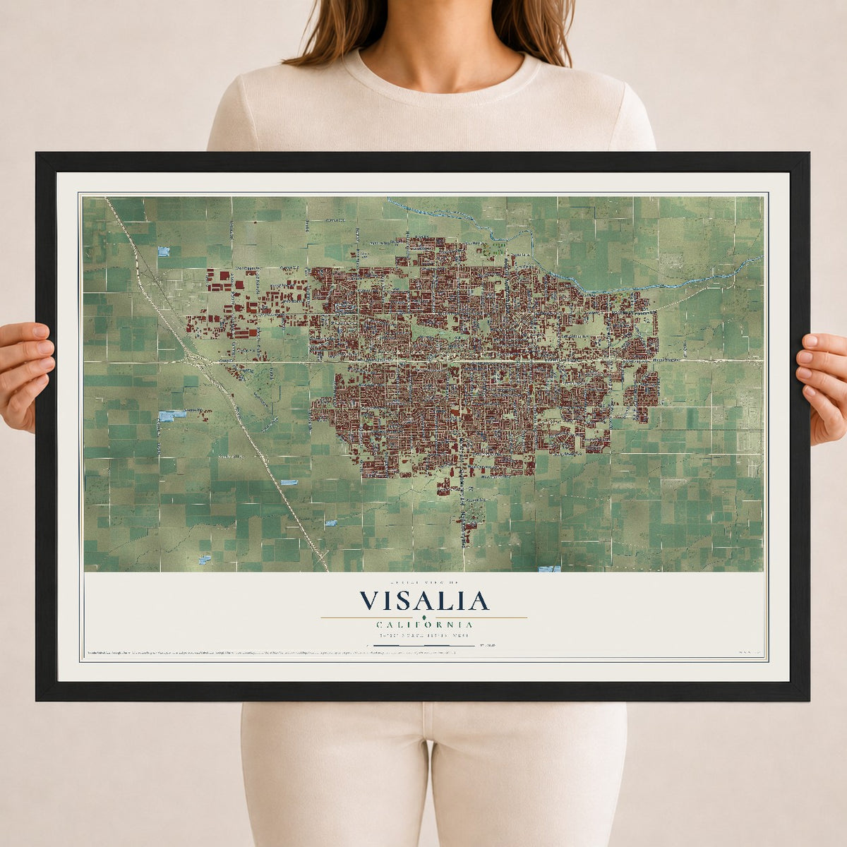 Map of Visalia, California, 18 x 24 inch print in a black wood frame