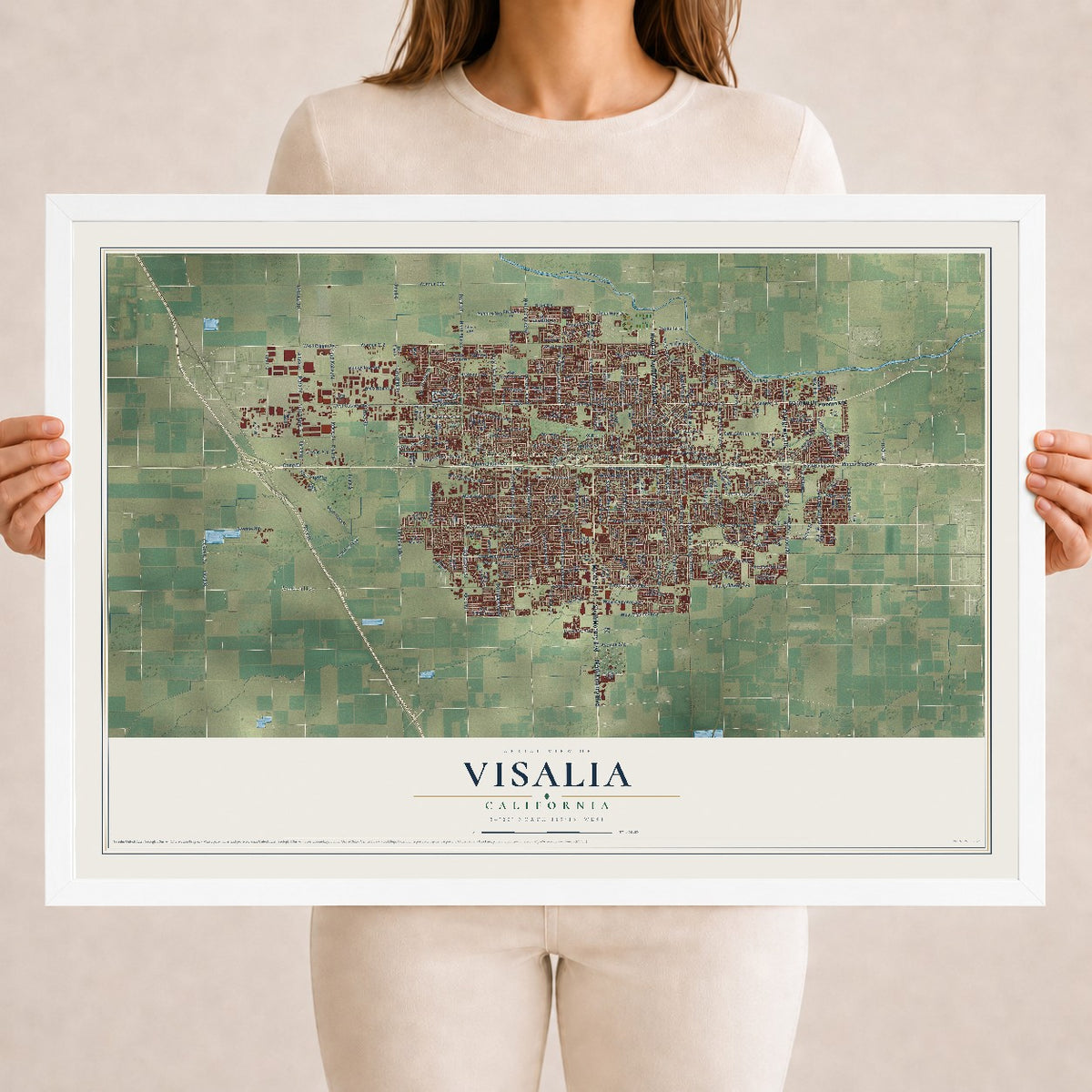 Map of Visalia, California, 18 x 24 inch print in a white wood frame