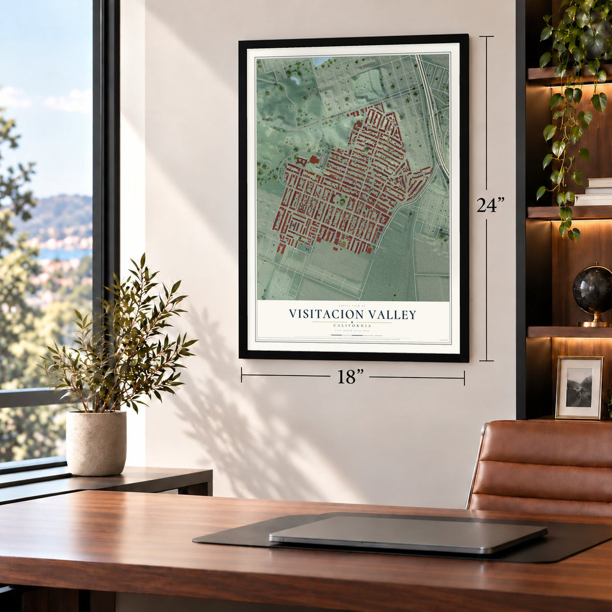 Visitacion Valley, California map, 18 x 24 inch print in a black frame in a home office