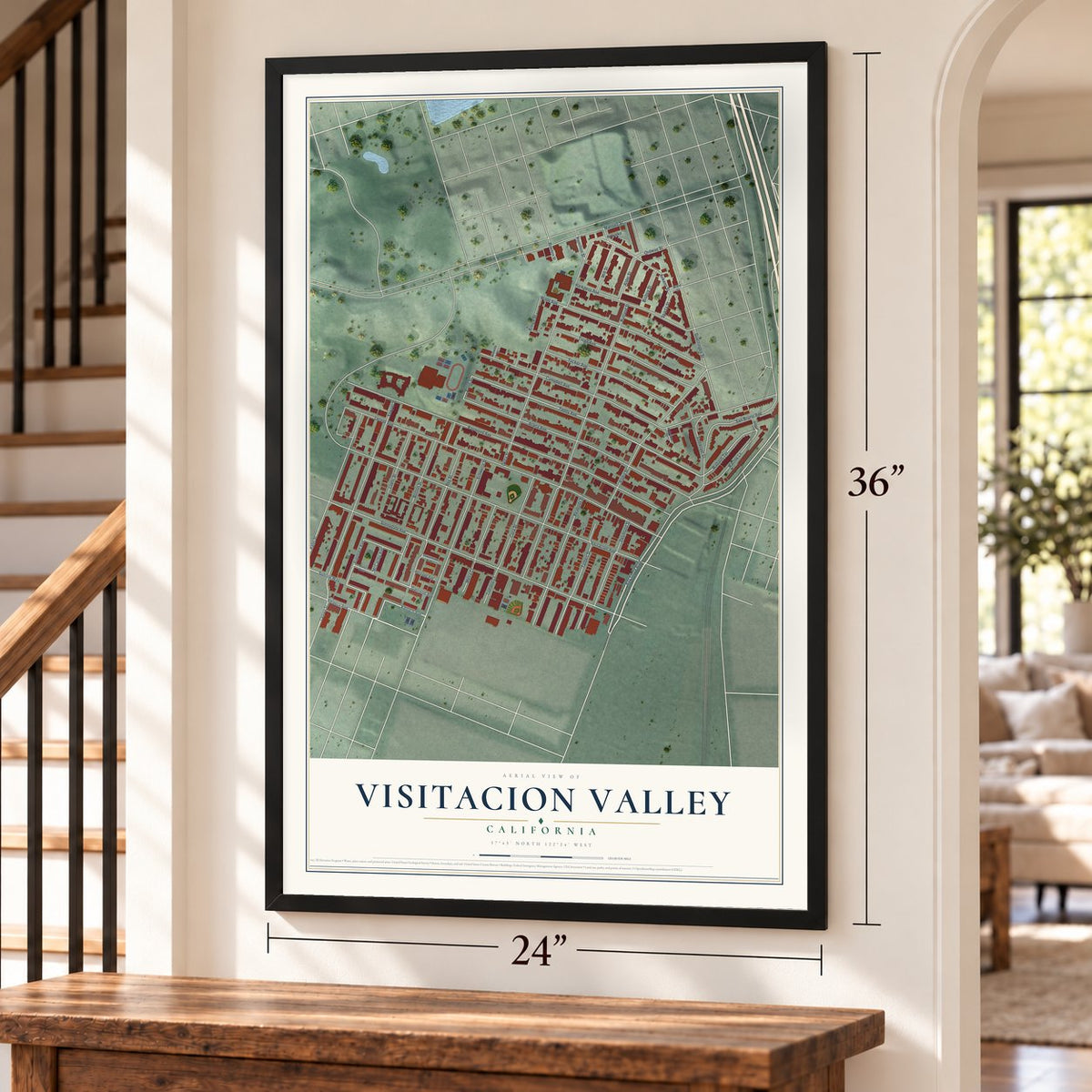 Visitacion Valley, California map, 24 x 36 inch print in a black frame by a staircase