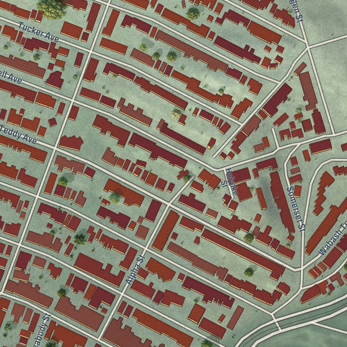 Close-up of the map of Visitacion Valley, California print showing street and building detail