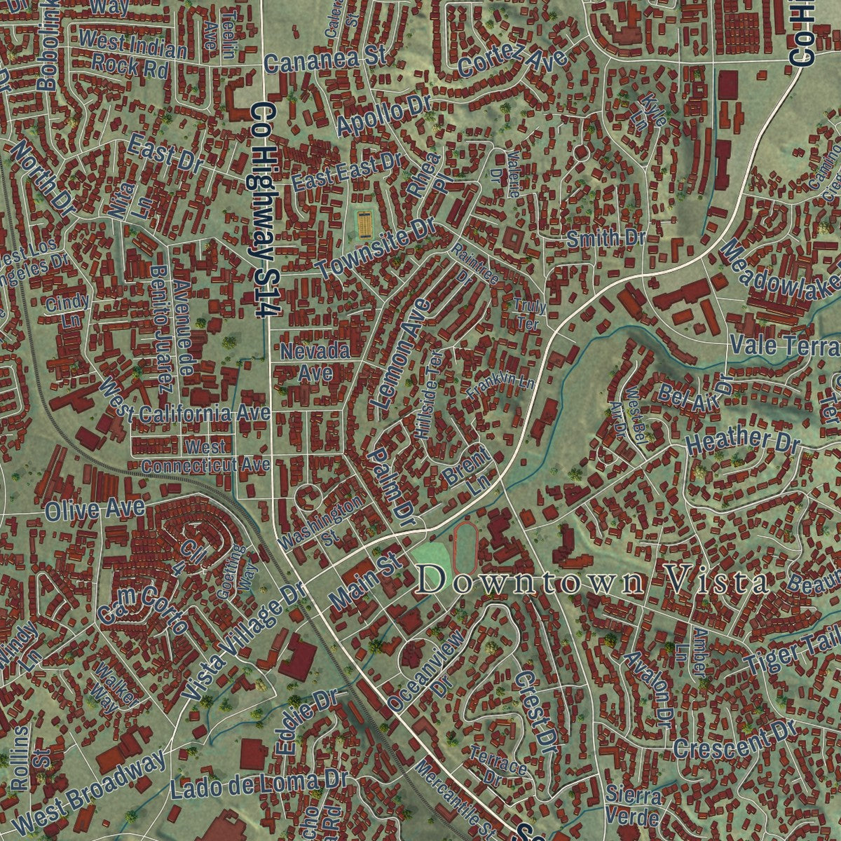 Close-up of the map of Vista, California print showing street and building detail