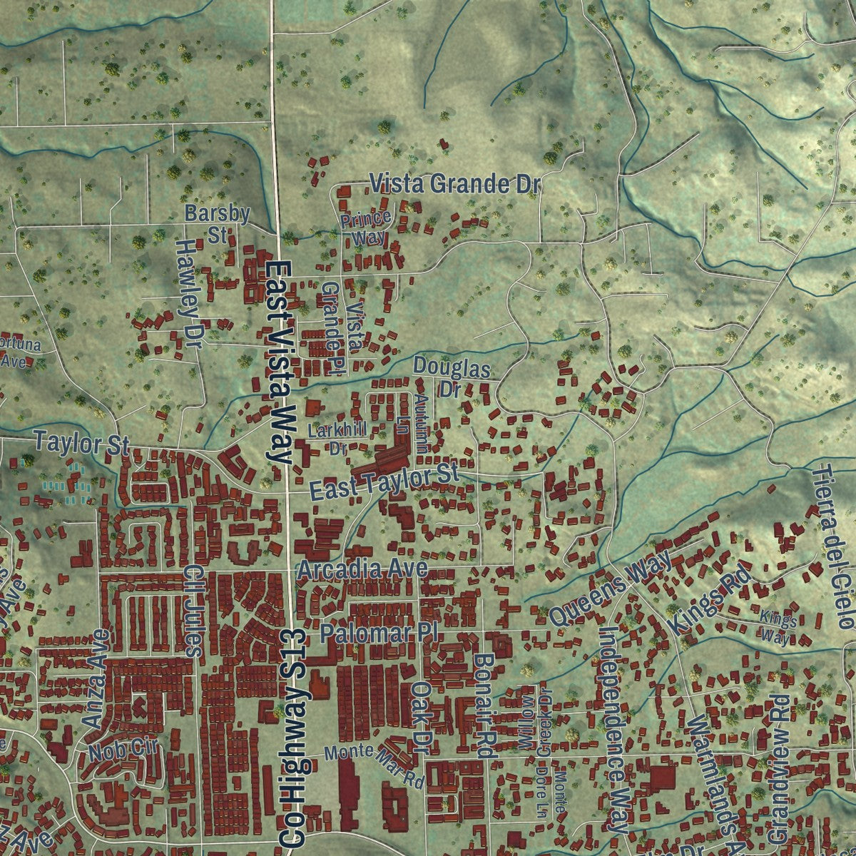 Second close-up of the map of Vista, California print showing more streets and buildings