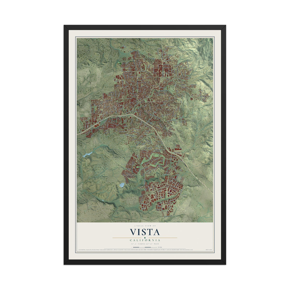 Map of Vista, California, 12 x 18 inch print in a black wood frame