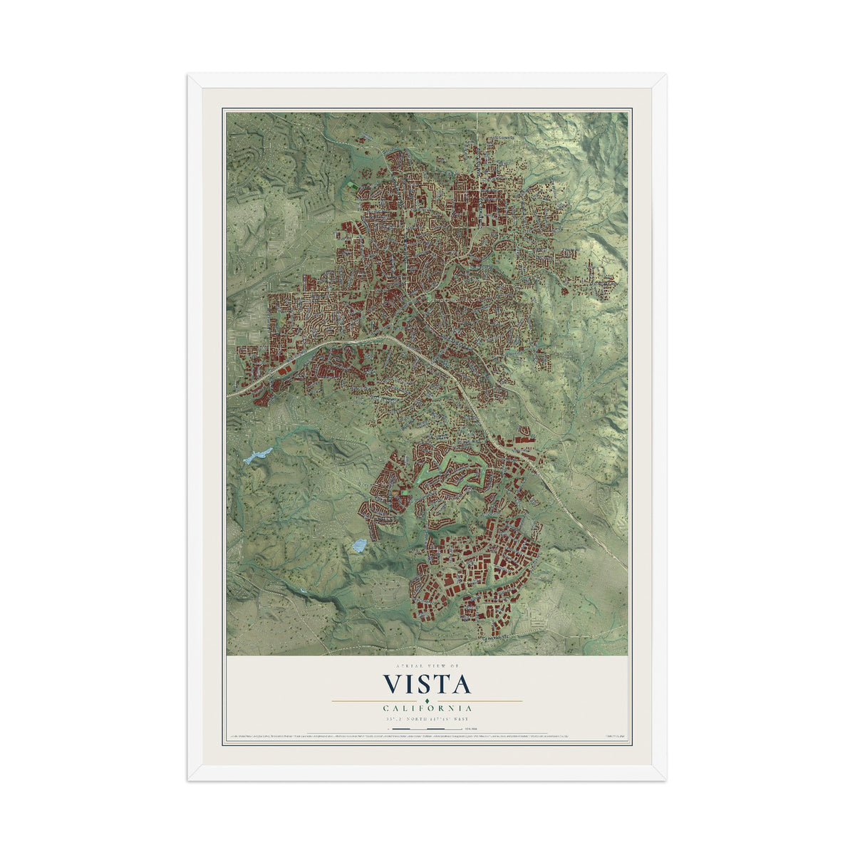 Map of Vista, California, 12 x 18 inch print in a white wood frame