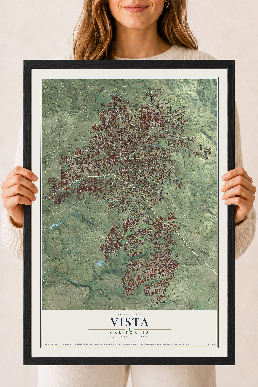 Map of Vista, California, 18 x 24 inch print in a black wood frame