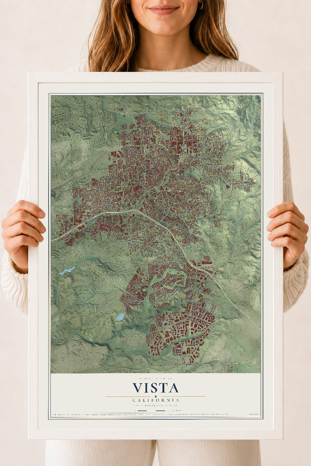 Map of Vista, California, 18 x 24 inch print in a white wood frame