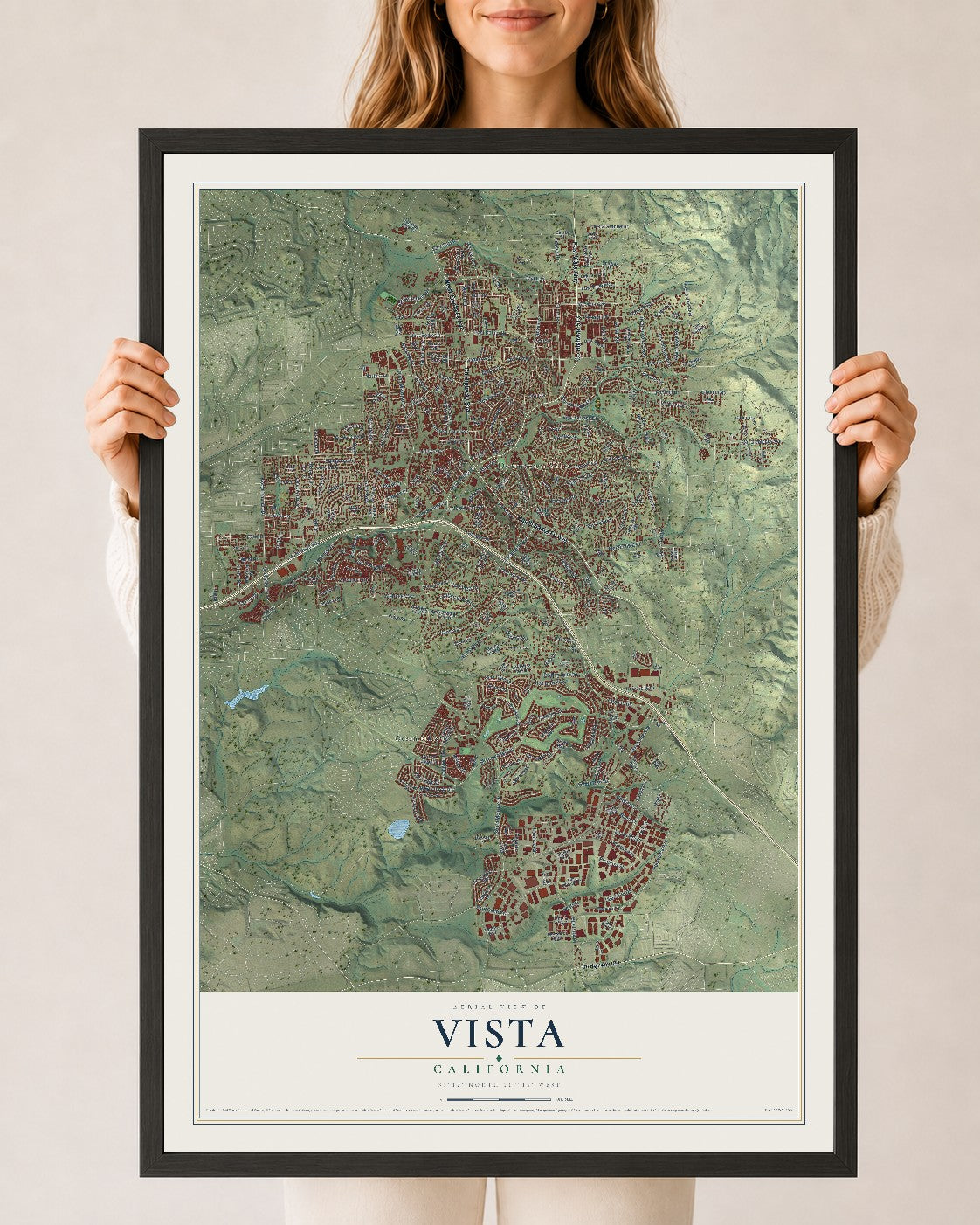 Map of Vista, California, 24 x 36 inch print in a black wood frame