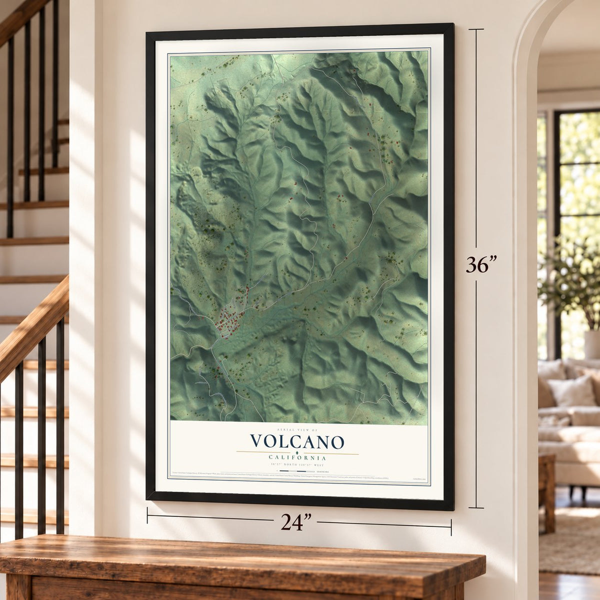 Volcano, California map, 24 x 36 inch print in a black frame by a staircase