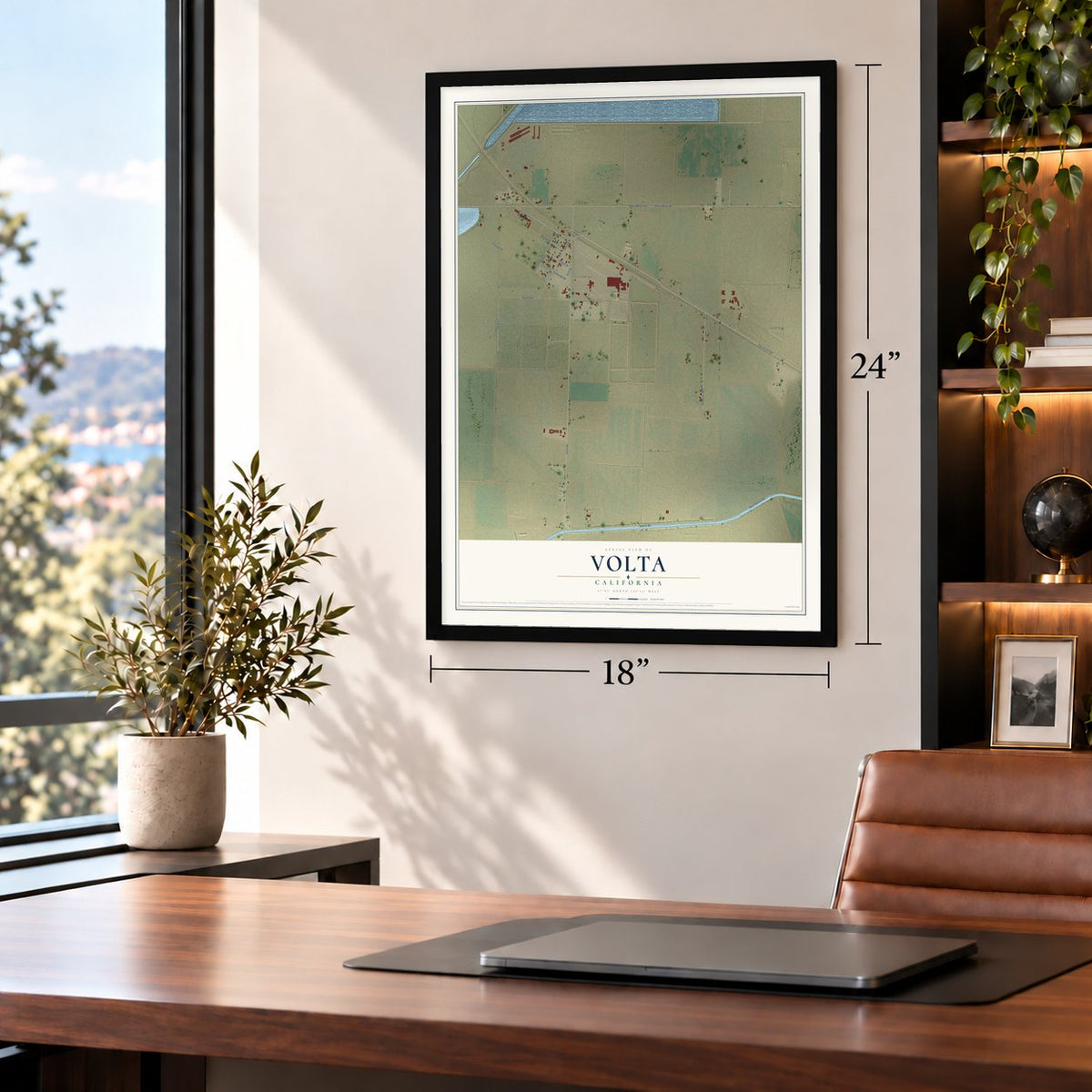 Volta, California map, 18 x 24 inch print in a black frame in a home office