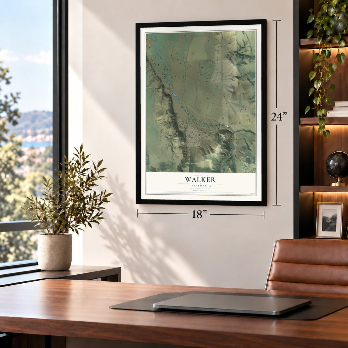 Walker, California map, 18 x 24 inch print in a black frame in a home office