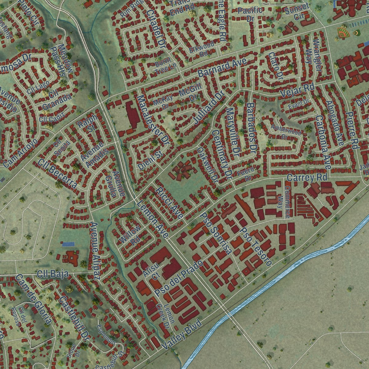 Close-up of the map of Walnut, California print showing street and building detail