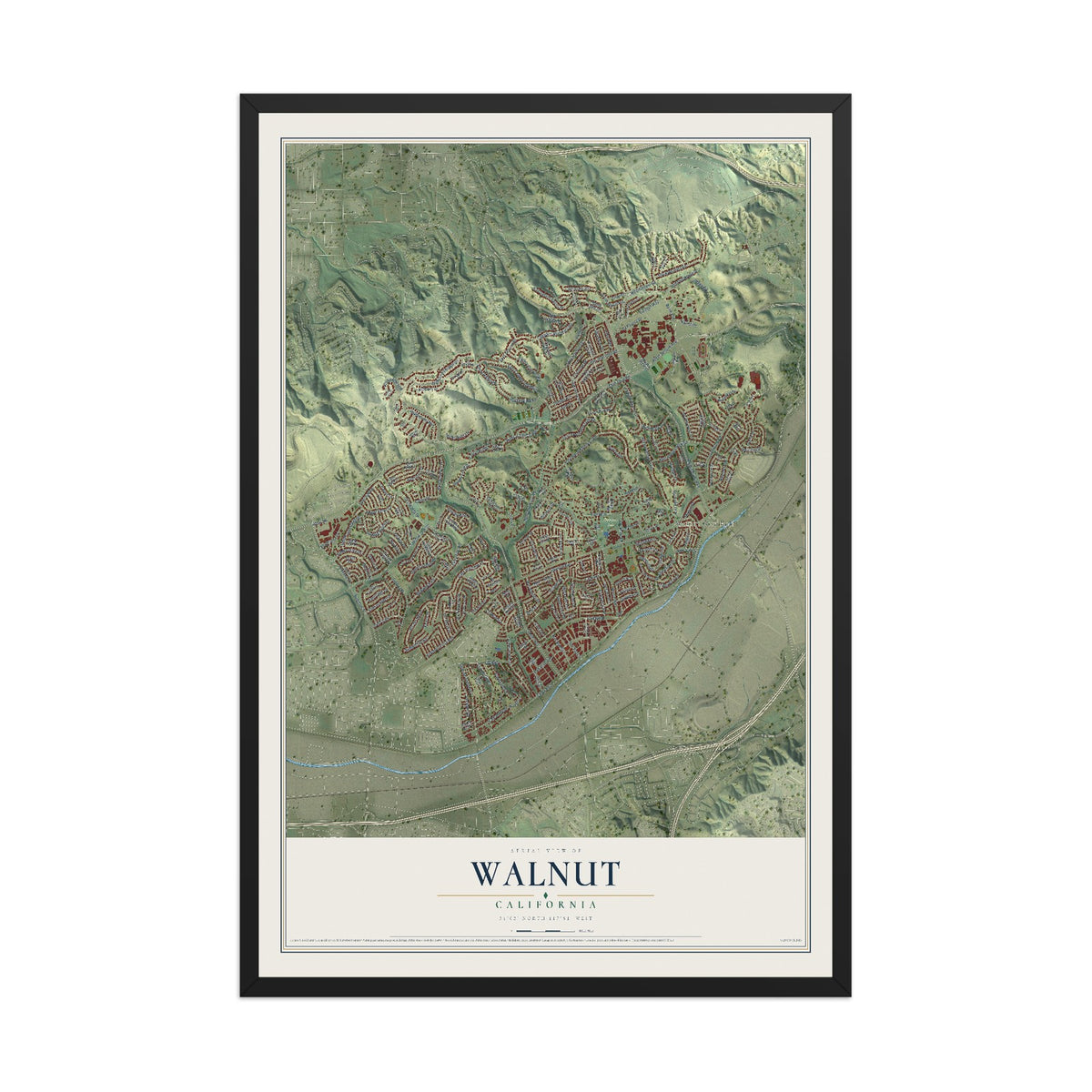 Map of Walnut, California, 12 x 18 inch print in a black wood frame