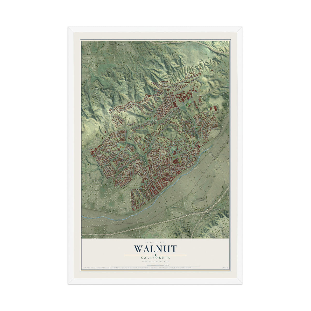 Map of Walnut, California, 12 x 18 inch print in a white wood frame