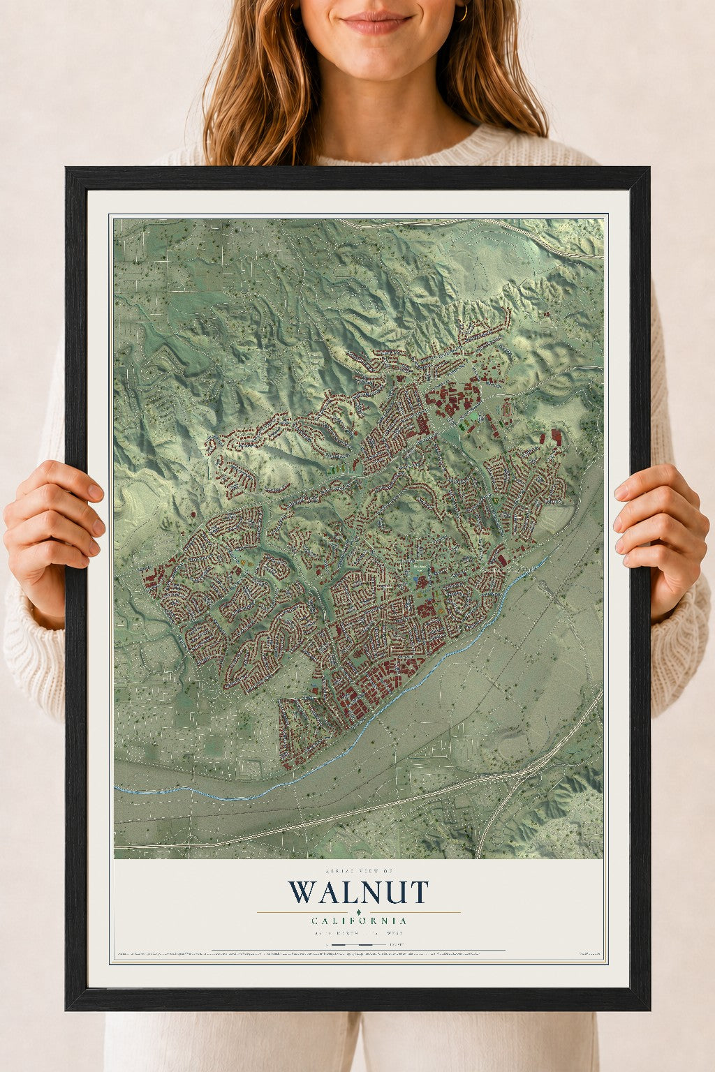Map of Walnut, California, 18 x 24 inch print in a black wood frame